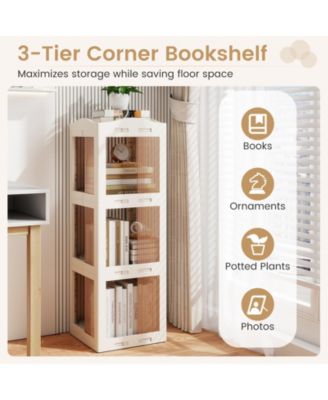 3-Tier Foldable Rotating Bookshelf with Swivel Base and Translucent Panels