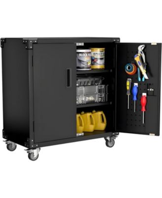 Metal Storage Cabinet with Rolling Tool Cart, 2 Adjustable Shelves, Locks and 4 Wheels, Heavy Duty Rust Resistant Cabinet