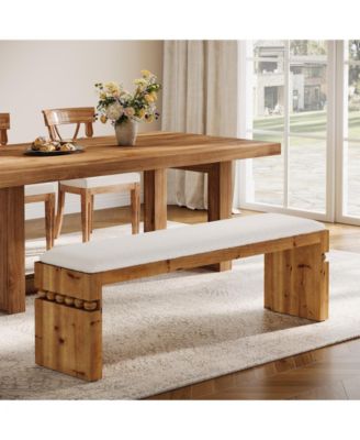 55.1" Wide Upholstered Bench, Solid Wood Bedroom Bench with Boucle Cushion, Modern Entryway Bench