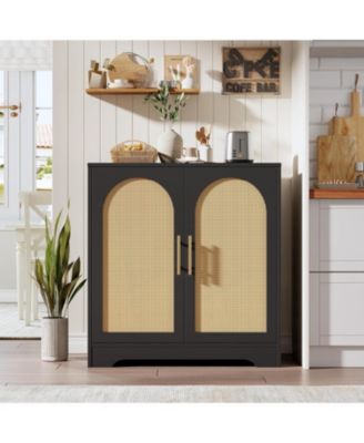 Sideboard Buffet Cabinet - Credenza Storage with 2 Rattan Doors and Shelves, Modern Console Table Accent Coffee Bar Cabinet for Living Room