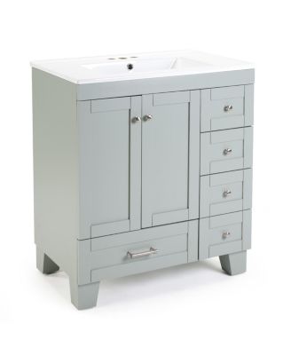 30" Bathroom Vanity with Ceramic Sink, Solid Wood Frame, Pull-Out Drawers, Adjustable Storage, Soft Close Slides