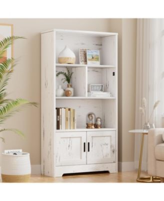 3-Tier Modern Wooden Bookcase with Doors and Motion-Sensor Lighting, Large Display Shelf