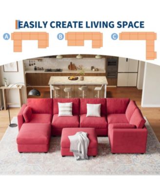 Modular Sectional Sofa- 7-Seater L-Shaped Couch with Movable Ottoman- Convertible Chenille Sofa