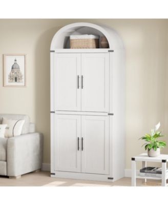 Arched Farmhouse Bookshelf with Wooden Doors and Drawers, Rounded Storage Cabinet