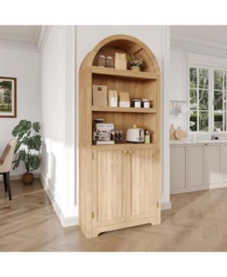 Tall Arched 5-Tier Bookshelf Cabinet with Double Doors and Adjustable Shelf, Wooden Bookcase