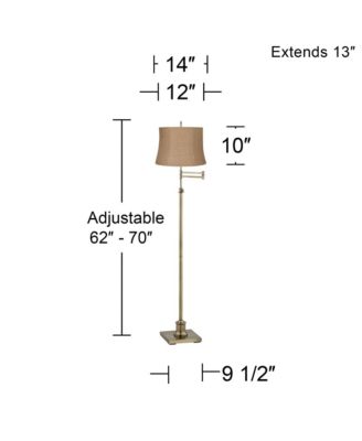 Swing Arm Floor Lamp Adjustable Height 70" Tall Antique Brass Burlap Fabric Drum Shade for Living Room Reading Bedroom