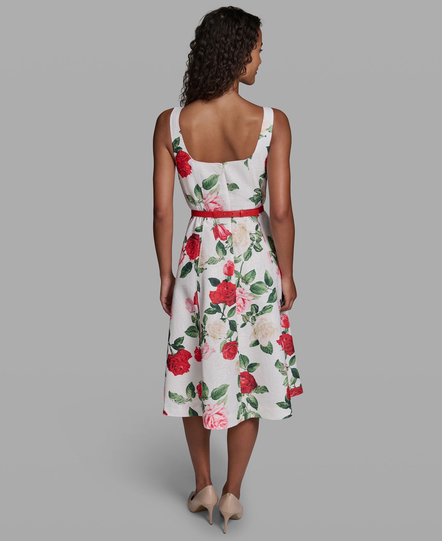 Women's Sleeveless Square Neck Belted Floral Dress