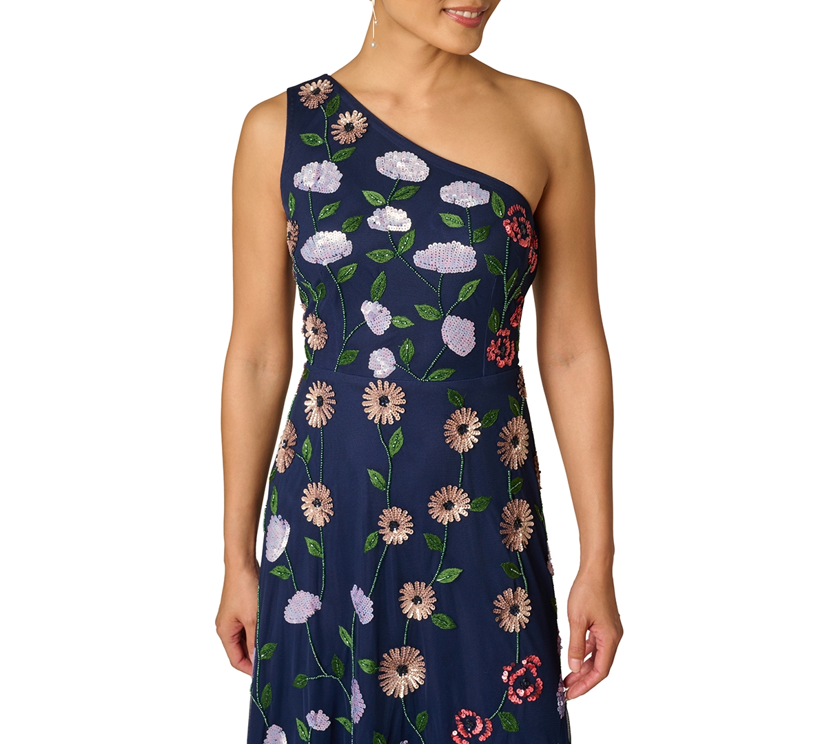 Adrianna Papell Women's One Shoulder Mesh Long Dress