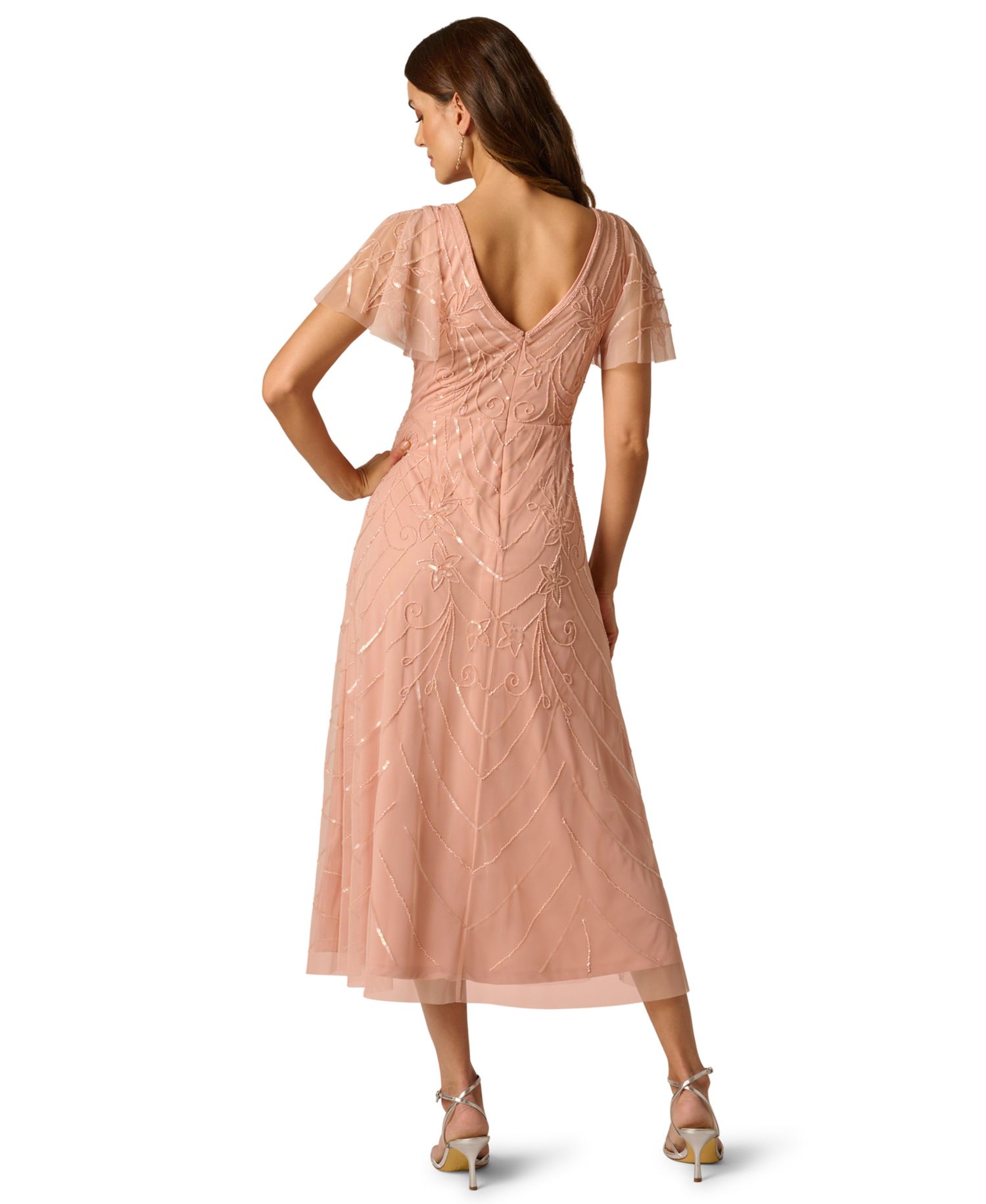 V-Neck Beaded Mesh Flutter-Sleeve Dress