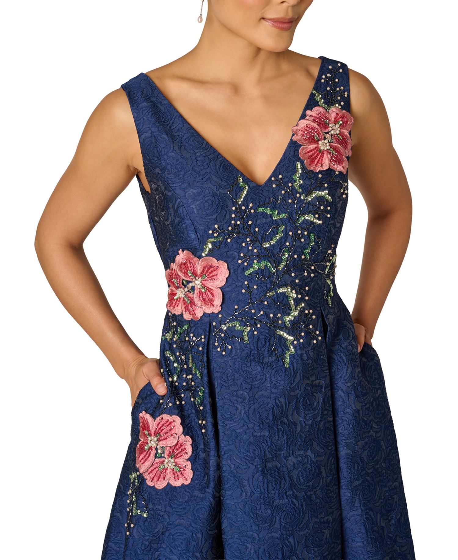 Embroidered Jacquard Floral Beaded Fit And Flare Dress