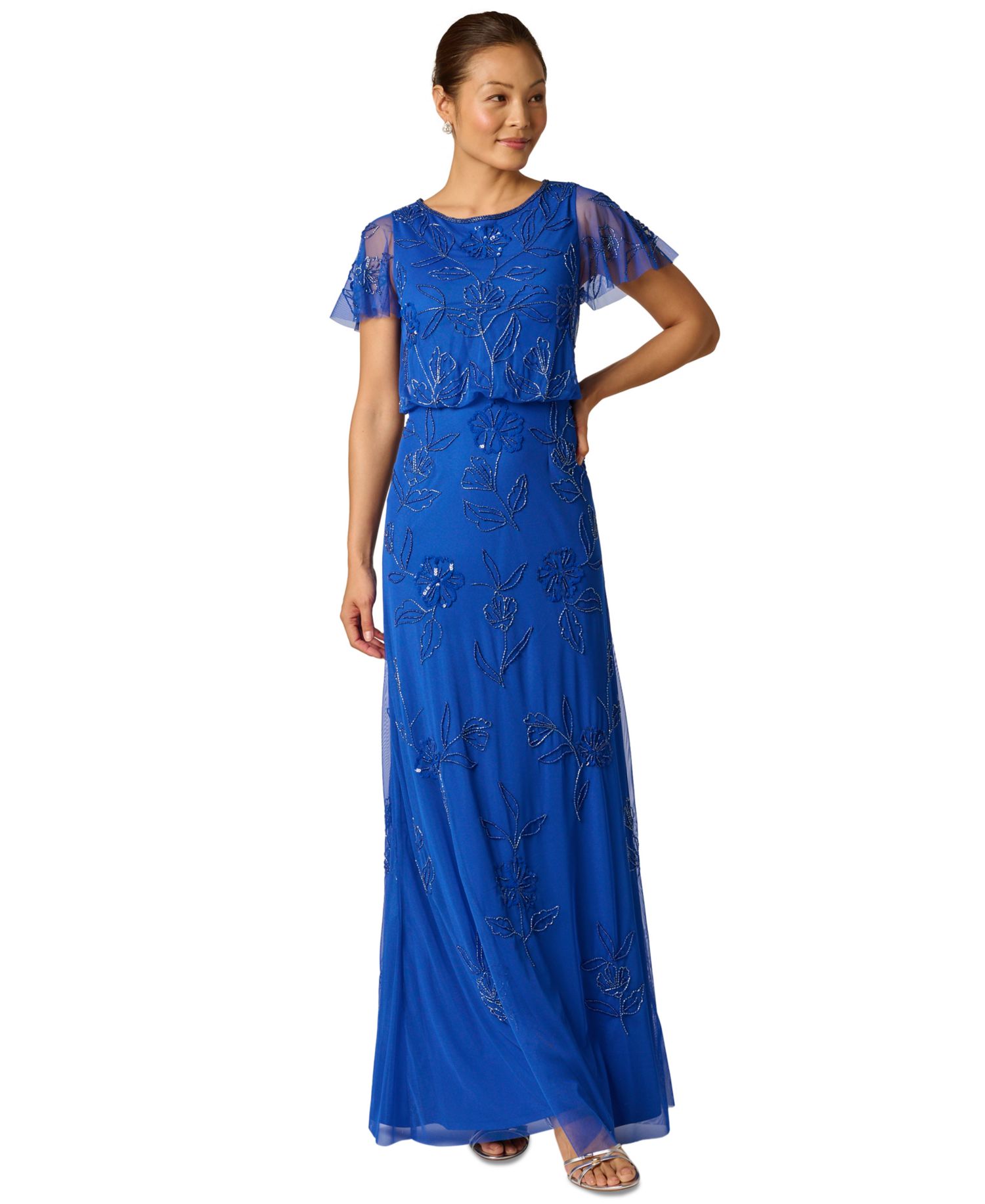 Women's Beaded Blouson Flutter-Sleeve Dress