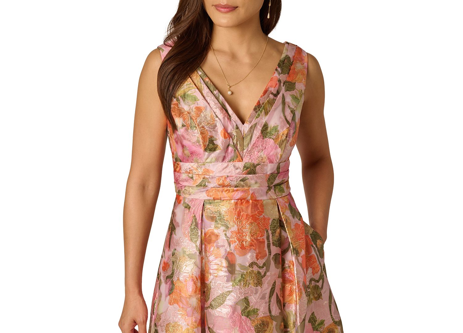 Adrianna Papel Metallic Floral Jacquard High-Low Gown