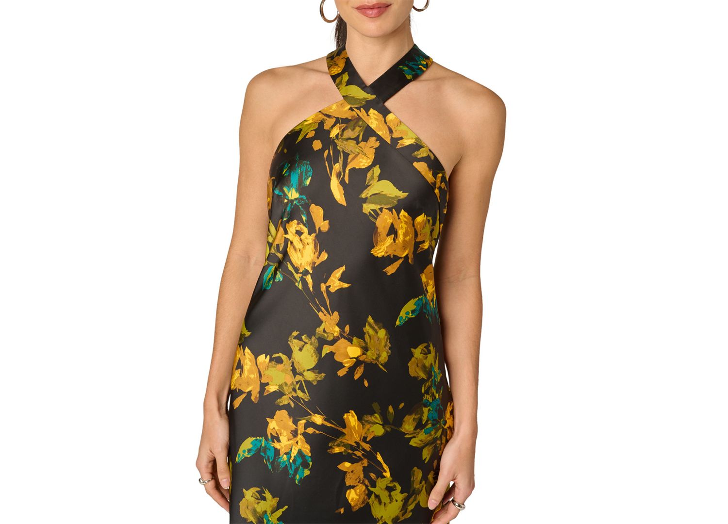 Women's Floral Stretch Satin Scarf Halter Gown