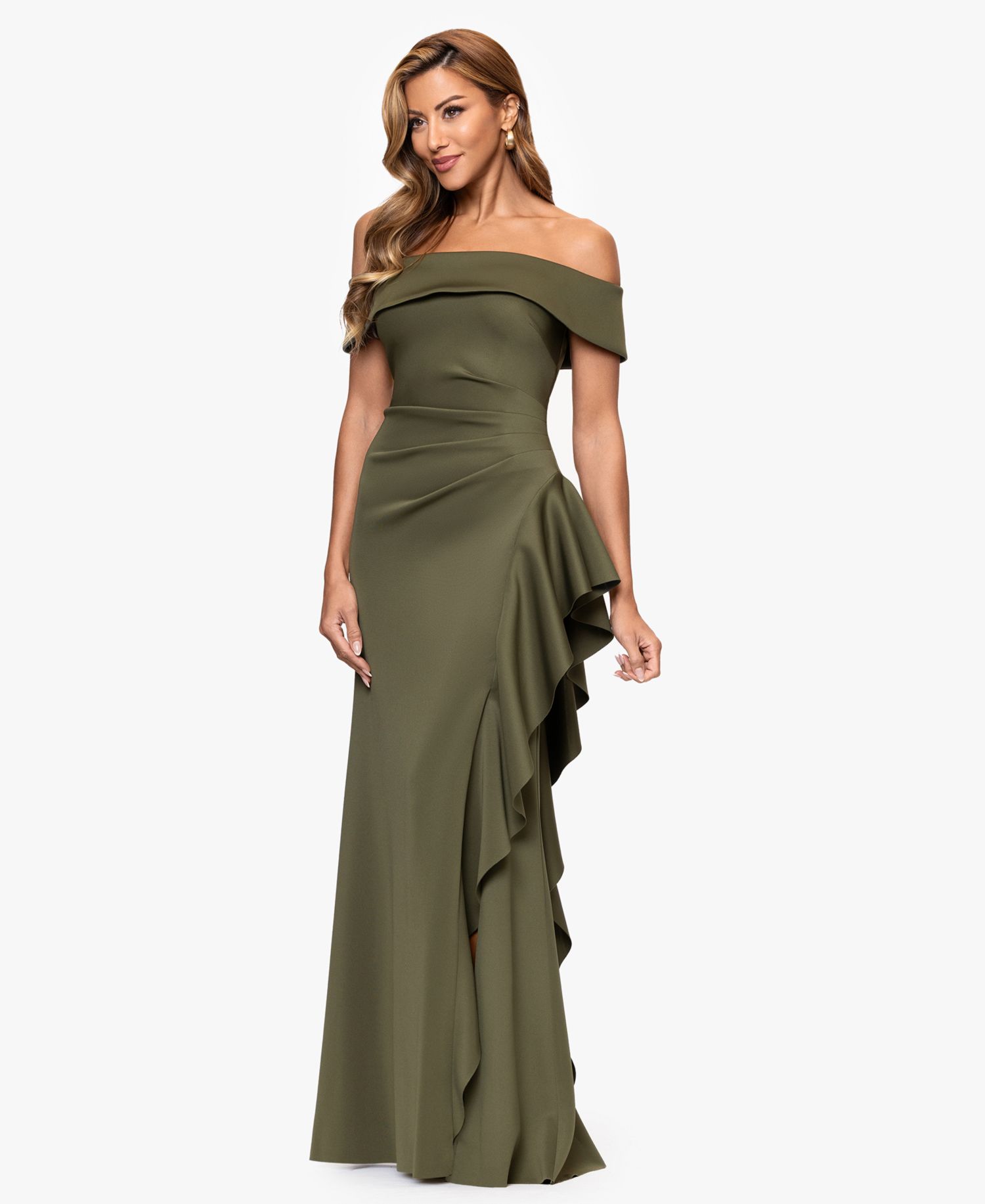 Petite Off-The-Shoulder Ruffled Side-Slit Gown