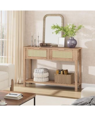 2Pcs Entryway Table with Drawers, Rattan Console Table with Storage, Boho Sofa Table for Living Room, 2 Tier Hallway Table Home