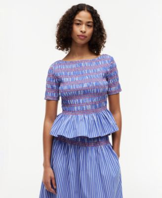 Women's Smocking Striped Boat Neck Cotton Top