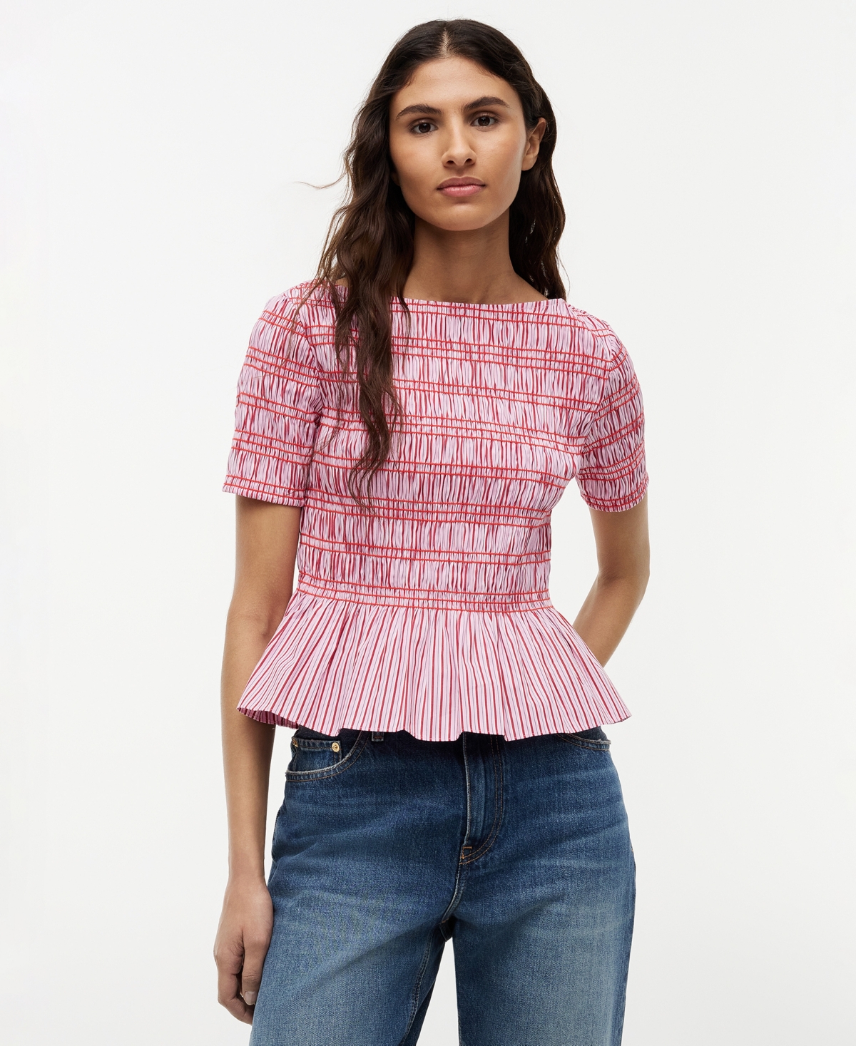 Tommy Hilfiger Women's Smocking Striped Boat Neck Cotton Top