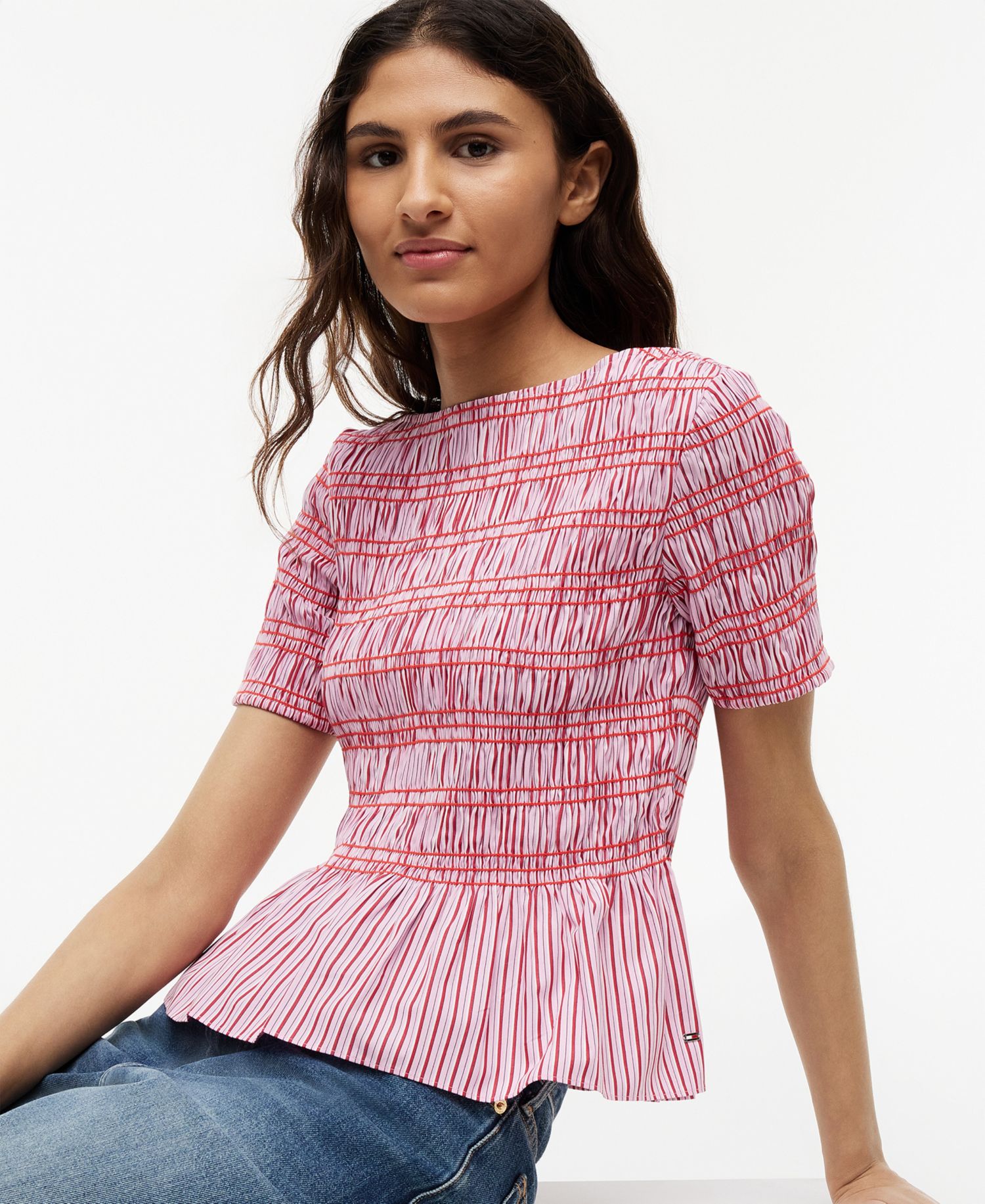 Women's Smocking Striped Boat Neck Cotton Top