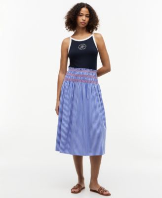 Women's Cotton Smocked Striped Midi Skirt