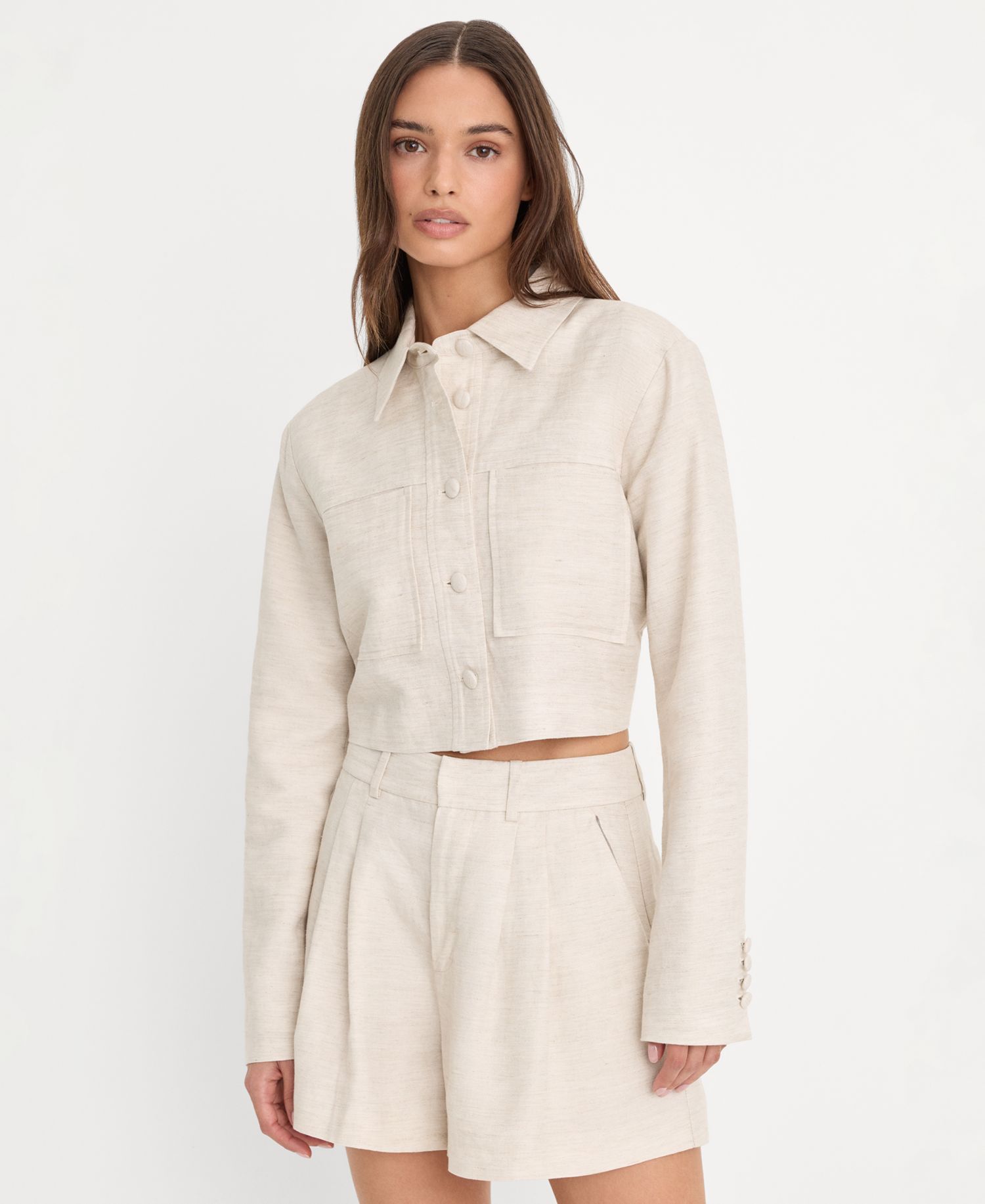 Women's Linen Button-Front Cropped Jacket