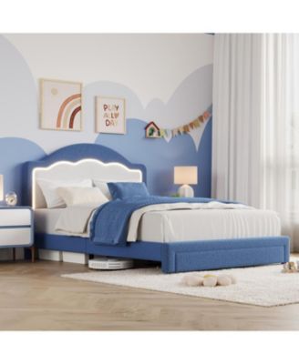 Full Kids Bed Frame with LED Headboard, Sherpa Upholstered Platform with Storage Drawer