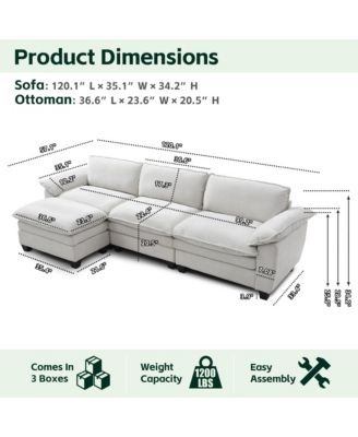 L-Shaped Sectional Sofa with Ottoman - Chenille 3- Seater Couch with Removable Washable Covers and Solid Wood Frame for Living Room