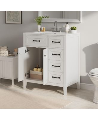 30 Inch Freestanding Bathroom Vanity with Ceramic Sink Metal Handles Solid Wood Legs Soft Close Doors and Drawers