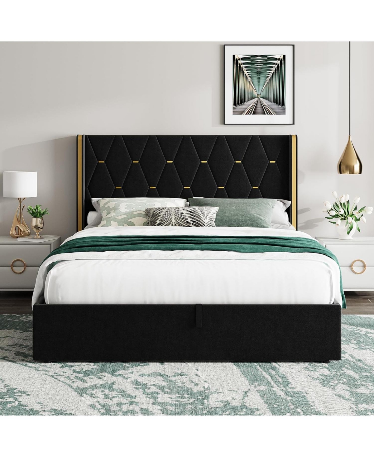gaomon Full Lift-Up Storage Bed Frame with Velvet Wingback Headboard, Hydraulic Storage