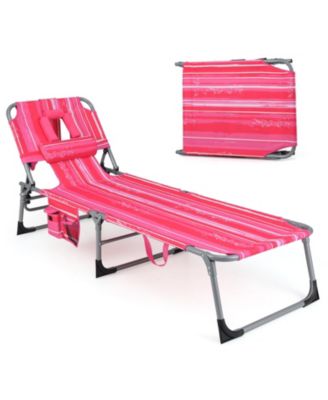 Adjustable Folding Beach Lounge Chair with Face Hole and Pillow