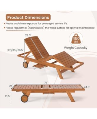 4-Position Outdoor Wood Chaise Lounge with Wheels and Side Table