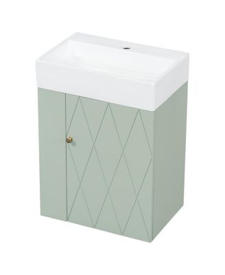 20 Inch Bathroom Vanity with Ceramic Sink, Side Storage Shelves and Towel Bar, Wall Mount Cabinet for Small Spaces