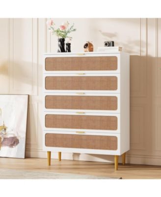 Rattan Dresser with 5 Drawers, Tall Modern Closet with Deep Storage, Large Chest of Drawers with Wide Top