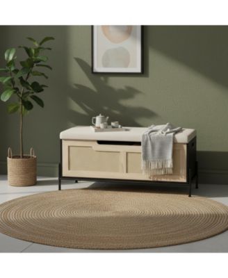 Rattan Storage Bench with Cushion Safety Hinges Shoe Chest for Living Room Bedroom