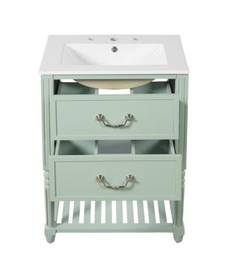 24 Inch Vintage Bathroom Vanity with Ceramic Sink, U-Shaped Drawers and Open Storage Shelf for Small Spaces
