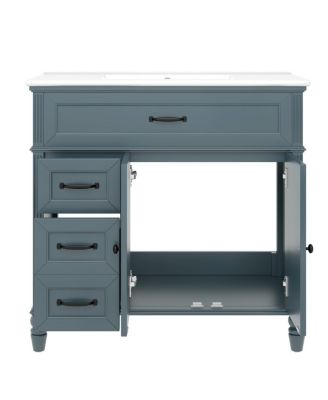 36" Vintage Bathroom Vanity with Ceramic Sink, Acacia Wood Freestanding Cabinet, Soft Close Drawers for Small Bathrooms.