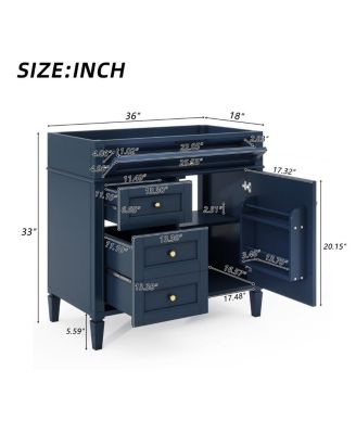 36 Inch Modern Bathroom Vanity without Top Sink, Soft Close Drawers, Adjustable Shelf and Door Organizer for Small Spaces.