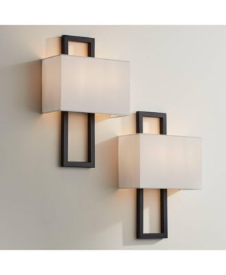 Modena Modern Wall Light Sconces Set of 2 Hardwire 9 1/2" Fixture Silvery Faux Silk Shade for Bedroom Reading Living Room