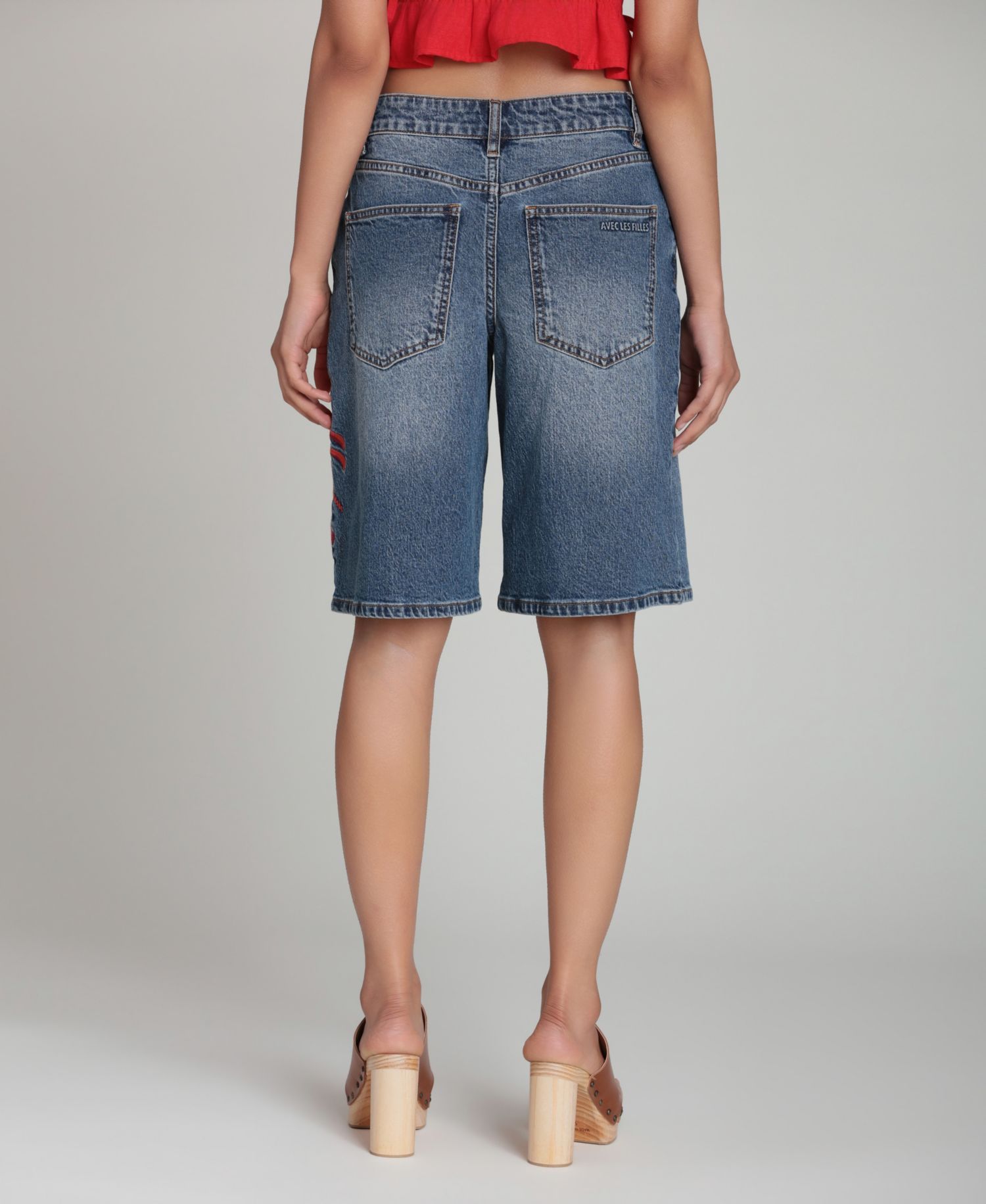 Women's Mid-Rise Lobster Embroidered Denim Shorts