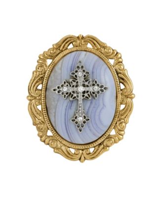 14k Gold Dipped Blue Lace Agate Oval Brooch