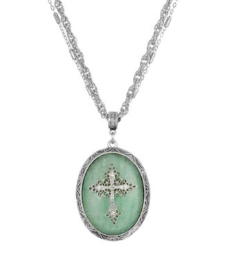 Pewter Cross Oval Rose Quartz Necklace
