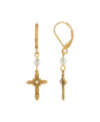 14k Gold Dipped Glass Crystal Gold Cross Leverback Earrings