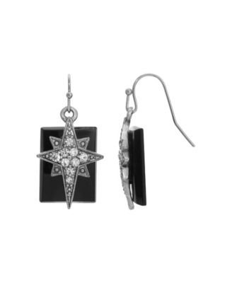 Pewter Star of Bethlehem Clear Crystals Onyx Rectangle Wire Earrings