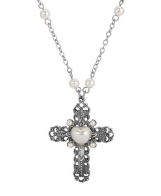 Silver-Tone Cross Heart Imitation Pearl 24" Necklace