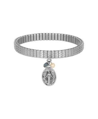 Silver Tone Oval Miraculous Medal Charm Pearl Montana Bead Stretch Bracelet