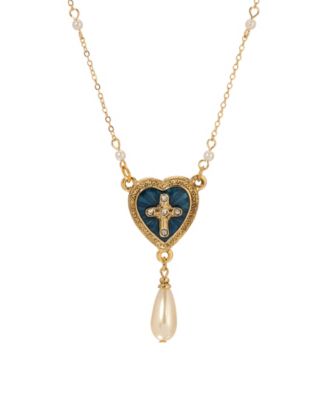 Gold-Tone Blue Enamel Heart Cross Teardrop Bead 16" + 3" Necklace