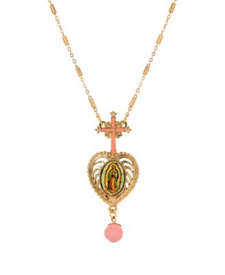Gold-Tone Cross Pink Heart Guadalupe Decal Pendant Bead 28" Necklace