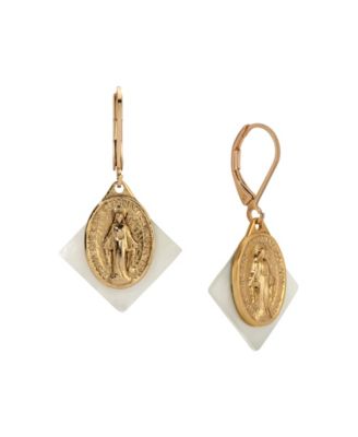Gold Tone Mother Of Pearl Miraculous Medal Leverback Earrings