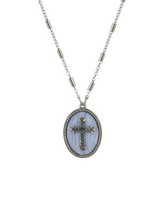 Silver-Tone Oval Blue Lace Stone Pewter Cross 18" Necklace