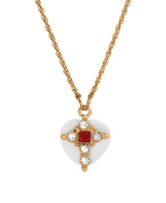 14k Gold Dipped Clear Red Crystals Imitation Pearl Heart 16"+3" Necklace