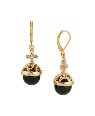 14k Gold Dipped Faux Pearl Stone Clear Crystal Cross Leverback Earrings